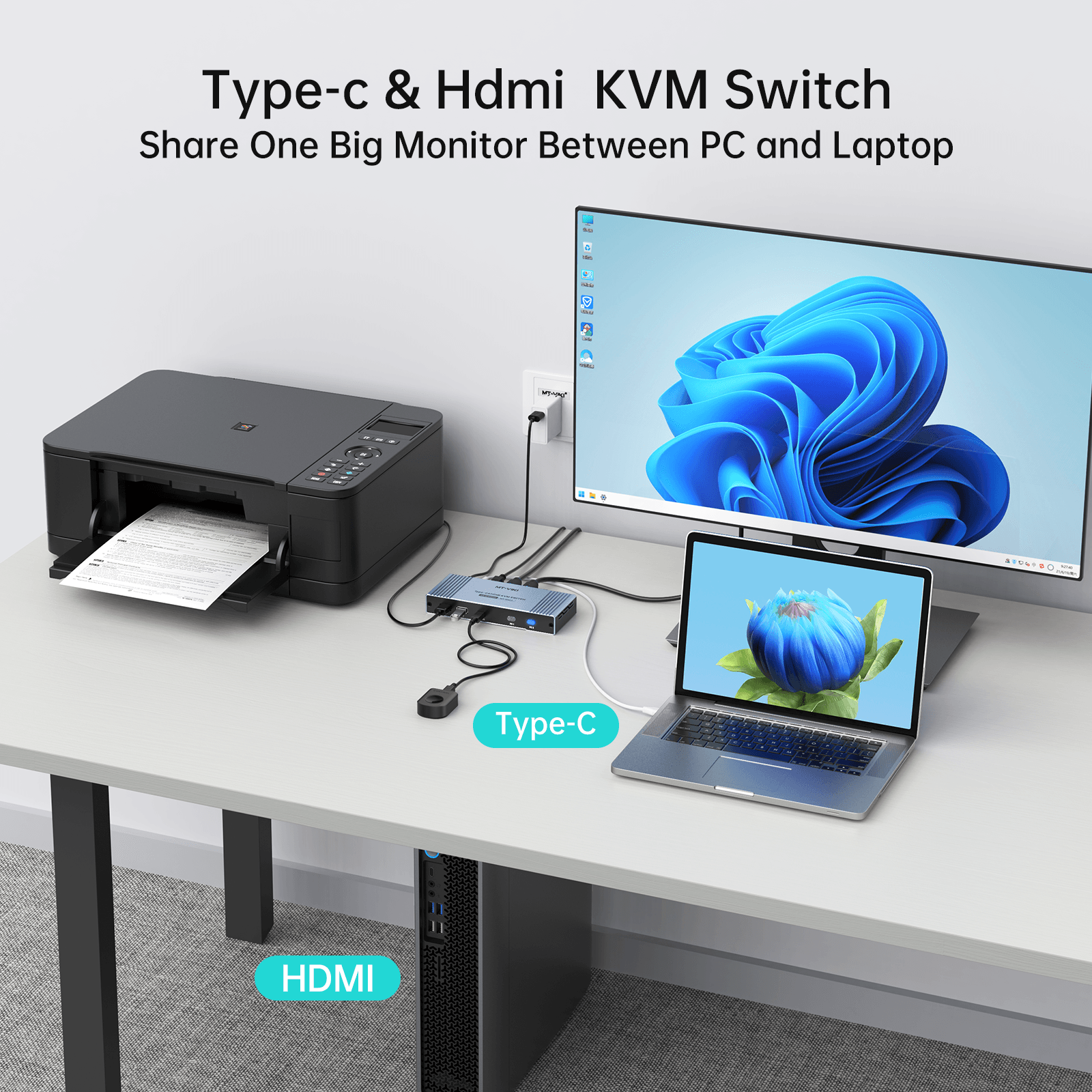 4K Hybrid Type USB C HDMI KVM Switch 2 Port, 4K@60Hz for Apple MacBook & Desktop PC（KHC2） - MT-VIKI