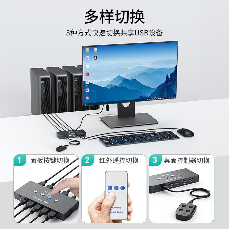 USB 2.0共有スイッチ – 4台のPCで4つのUSBデバイスを簡単に共有