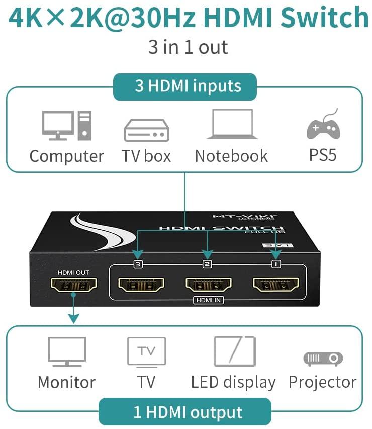 In Out Select Switch 4K 30Hz 3 Port HDMI Switch Switcher 3 in 1 out Selector(SW301) – MT-VIKI