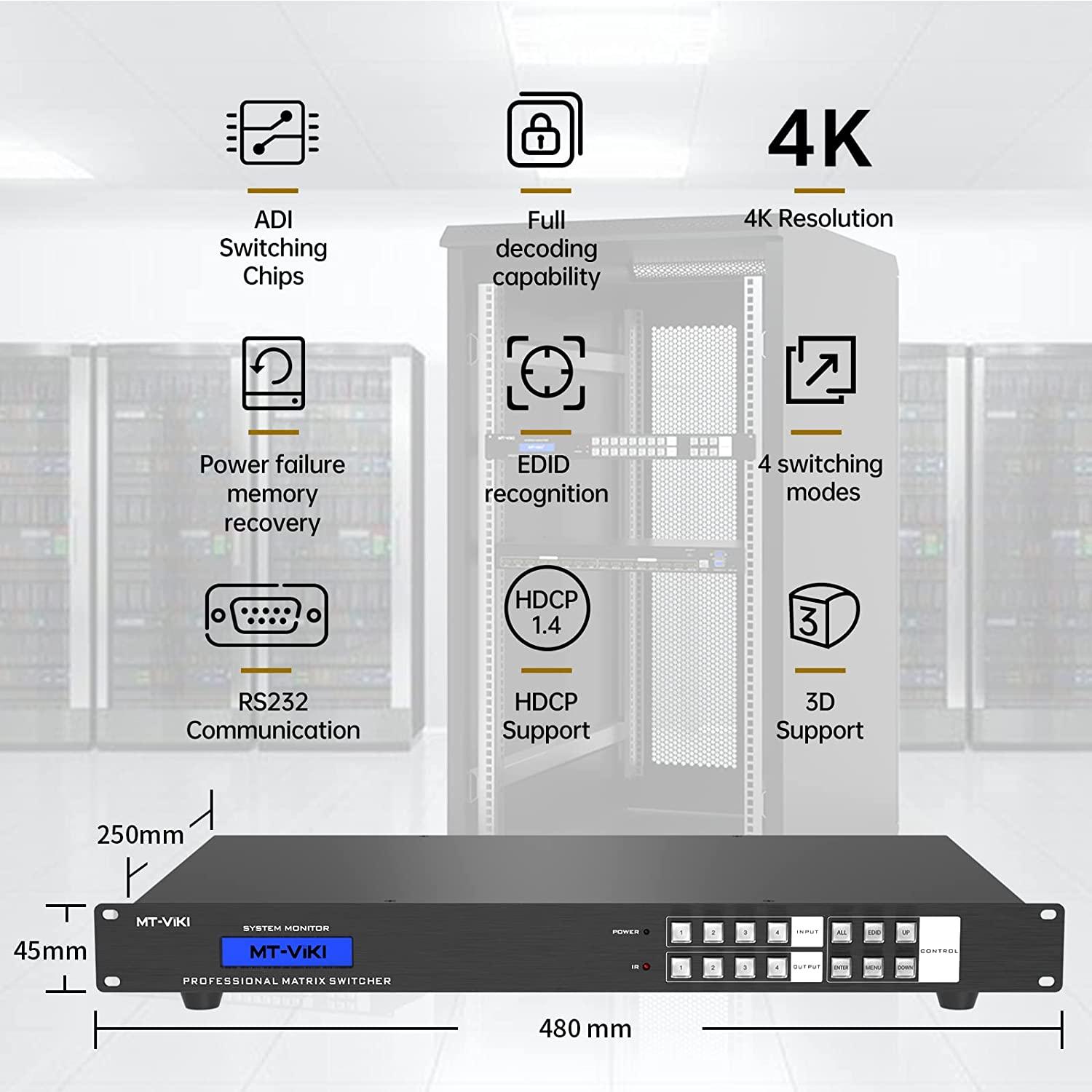 Data Matrix Switcher 4K@30Hz HDMI Matrix Switch 4X4, Rack Mount Switcher, Built-in US ADI C ...